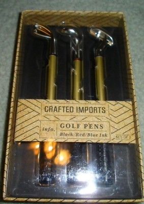 New Sealed Box Crafted Imports Black, Red, Blue Golf Ink Pen Gift Set