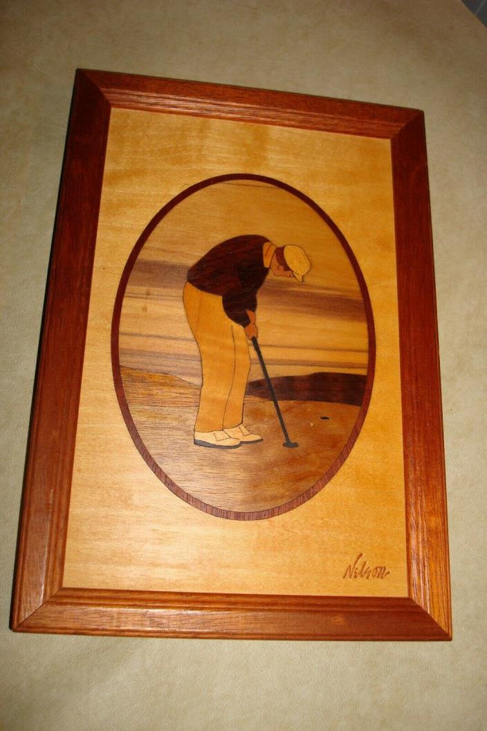 HUDSON RIVER WOOD INLAY “Man Golfer” Framed Plaque Signed By Nelson