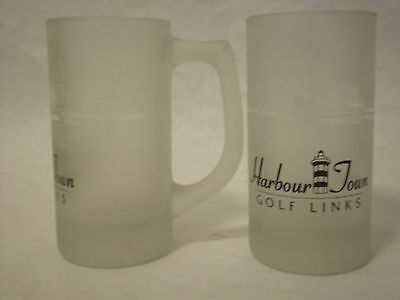HARBOUR TOWN GOLF LINKS PAIR TALL DRINKING FROSTED GLASS MUGS SUNBURST BASE