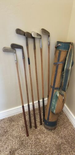 6 Antique Vintage Hickory Wood Shaft Golf Clubs Putters Mid Iron 5 Iron + Bag
