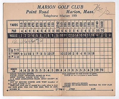 RARE 1952 GOLF SCORECARD Marion Golf Club MASSACHUSETTS Golfing GOLFERS Mass MA