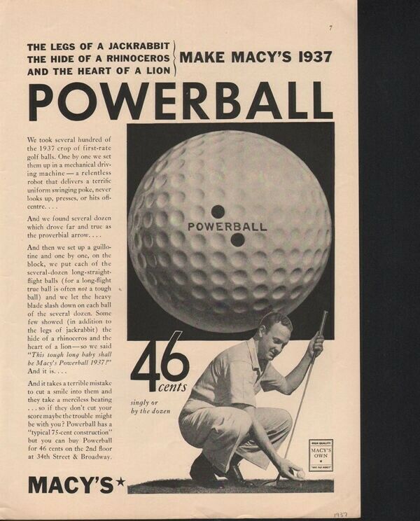 1937 MACY POWERBALL GOLF CLUB RESORT OUTDOOR SPORT AD16464