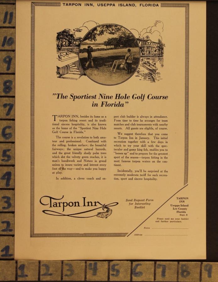 1923 TARPON INN USEPPA ISLAND FLORIDA GOLF FISH TRAVEL RESORT ART AD  ZH91