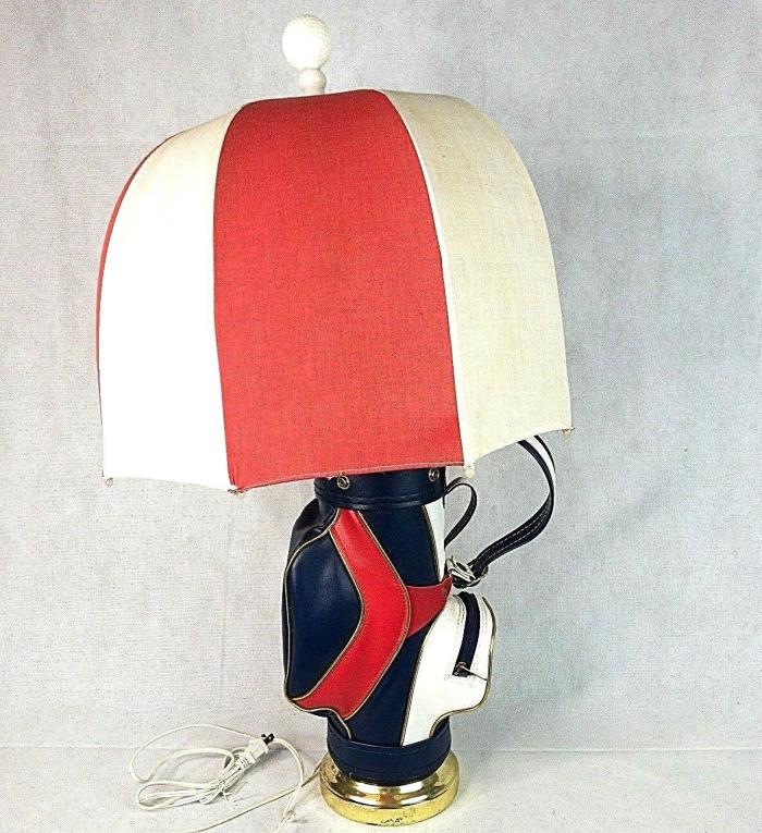 Whimsical Blue White Red Golf Bag Lamp w/Umbrella Shade Hide Your Valuables!