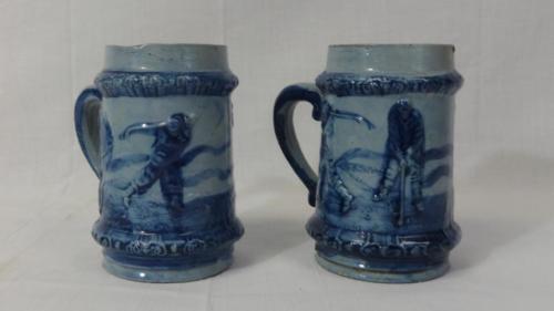 Antique Pair of Robinson Stoneware Golfing Motif Mugs Cobalt Blue Decorated