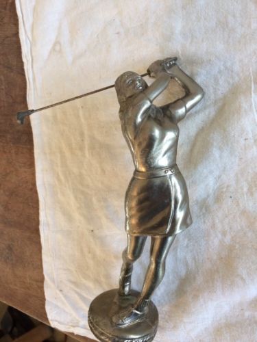 Vintage Hand Cast solid metal FEMALE Golfer Golf Award TROPHY by COLUMBIA Trophy