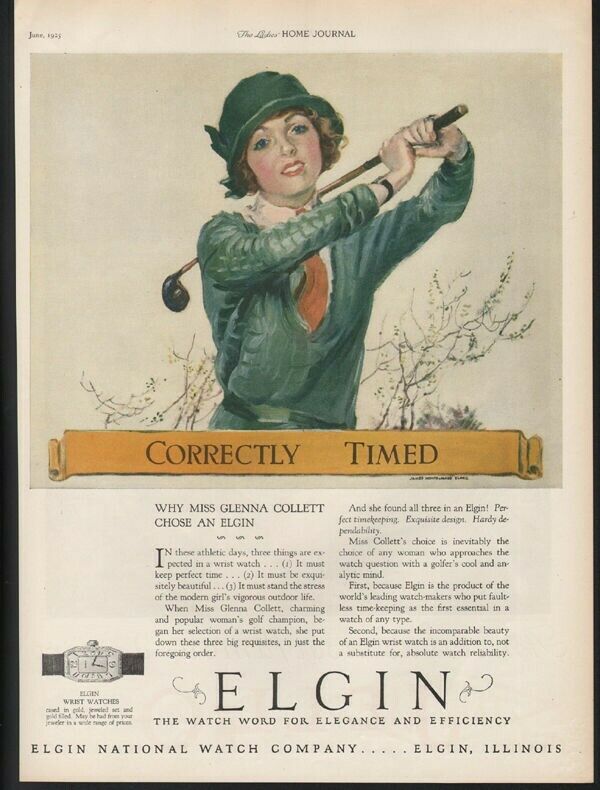 1925 ELGIN WATCH GLENNA COLLETT CHAMPION GOLF SPORT JAMES FLAGG ART AD22285