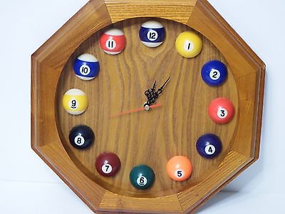 Home Wall Pool Billiard Clock Wooden Pool Balls Decor Octagon Battery Operated