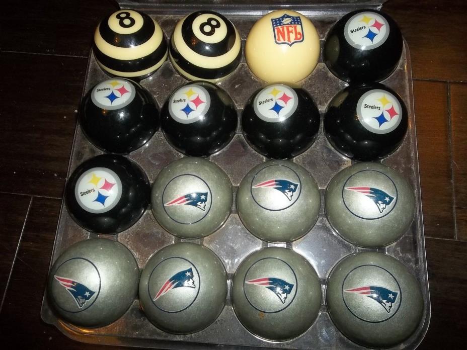 LOT OF 16 NFL Pool Billiard Ball  PATRIOTS STEELERS NFL LOGO 2 REFEREE 8 BALLS