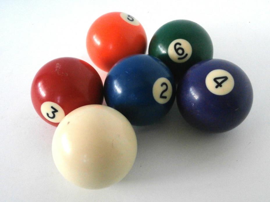 Billiard Balls Lot of Six Vintage Pool Balls; 1 Cue Ball & 5 Colored Balls