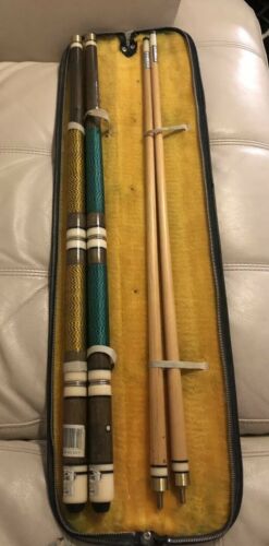 Pair Of Vintage Crest JS27 Trident Pool Cues With Soft Case