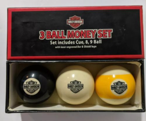 Vintage Harley Davidson Billiard 3 Ball Money Set. Pool Cue, 8, 9 inclueded