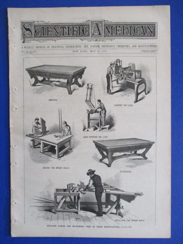 1879 SCIENTIFIC AMERICAN BILLIARD POOL TABLE MAKING MANUFACTURE MAGAZINE