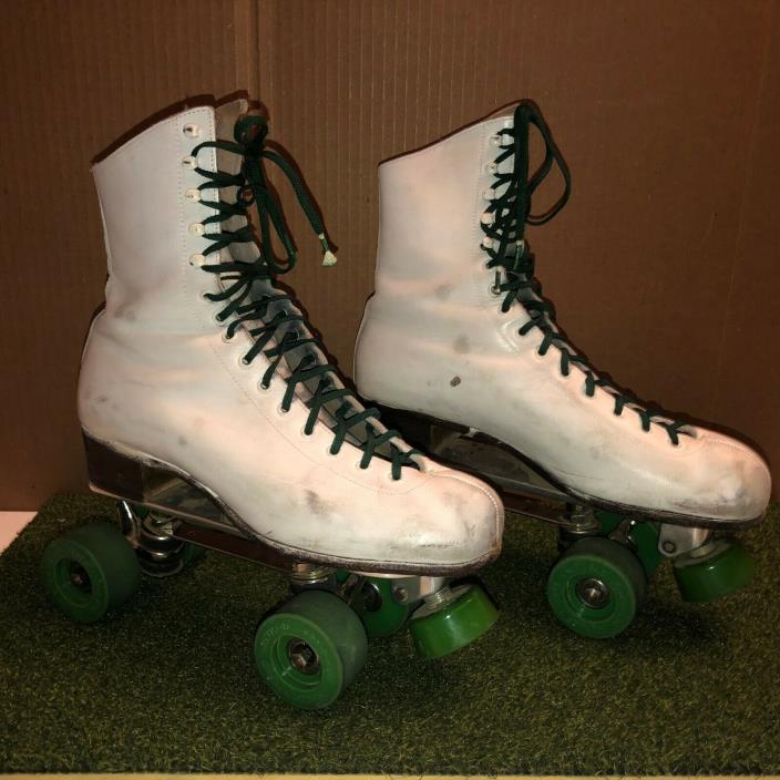Vintage! RIEDELL Mens HIGH Leather Roller Skates SZ 9 Chicago Base WHITE & GREEN