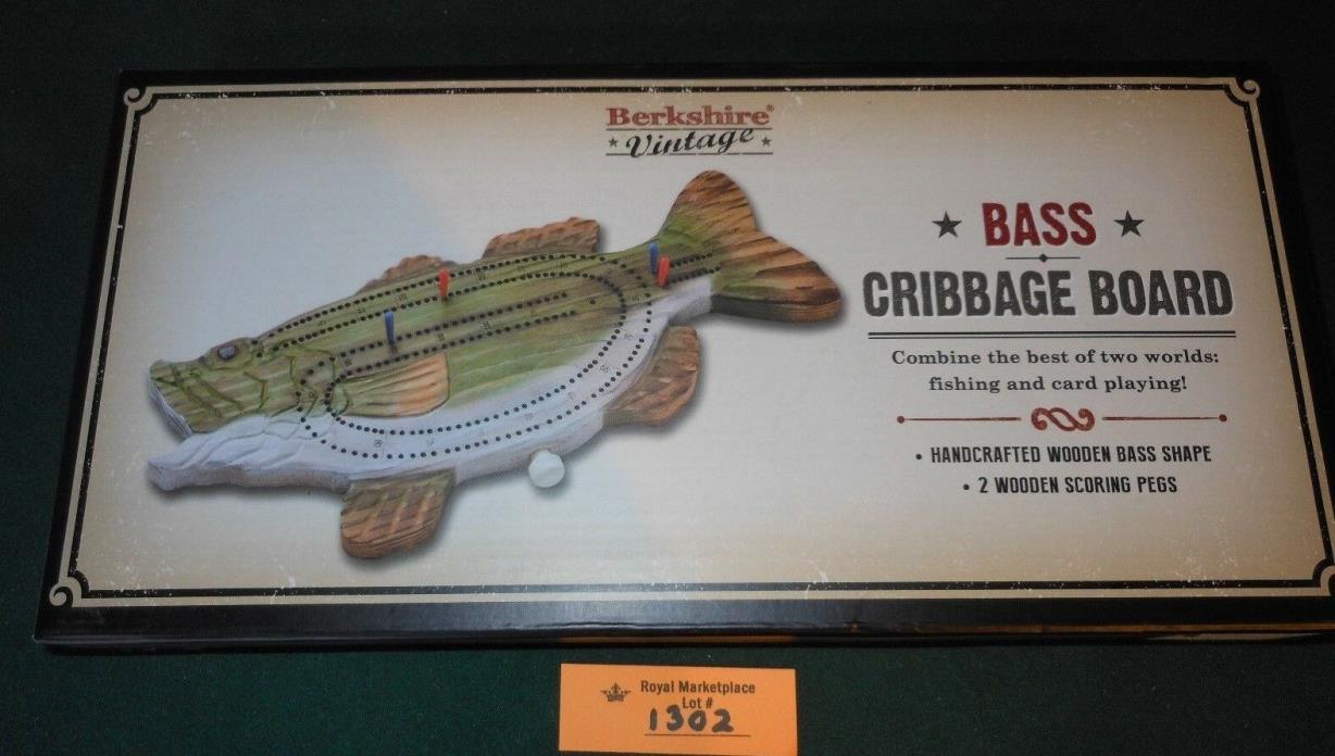 Berkshire Wooden Bass Shaped Cribbage Board Fishing Game Fun