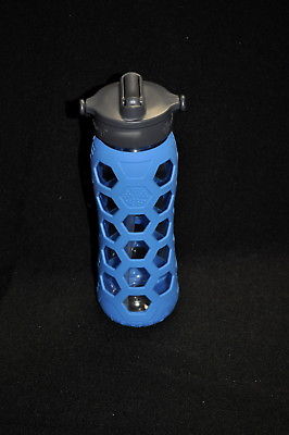 Life Factory 20 oz.Glass Water Bottle with Straw Cap Blue Silicone Sleeve