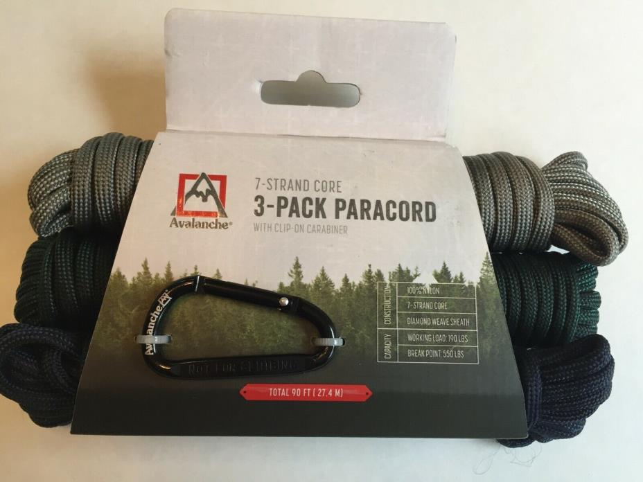 Avalanche 7-Strand 3-Pack Paracord- Gray Green Blue w/ Clip Carabiner