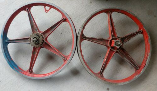 Pair of Vintage BMX aluminum Lester mag wheels. Red, as-is