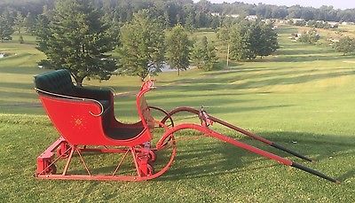 Miniature Horse Mini Pony Single Sleigh Red With Green Velvet Seat And Brass