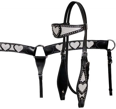 Beautiful Leather Headstall & Breastcollar Set w/ Silver Glitter Heart Overlay!
