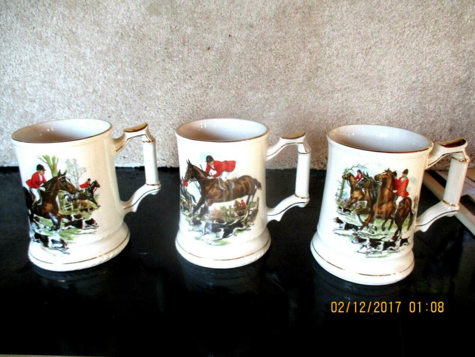 3 VINTAGE WINDSOR MUGS - HORSES FOX HUNTING - MADE IN ENGLAND - NEVER USED!