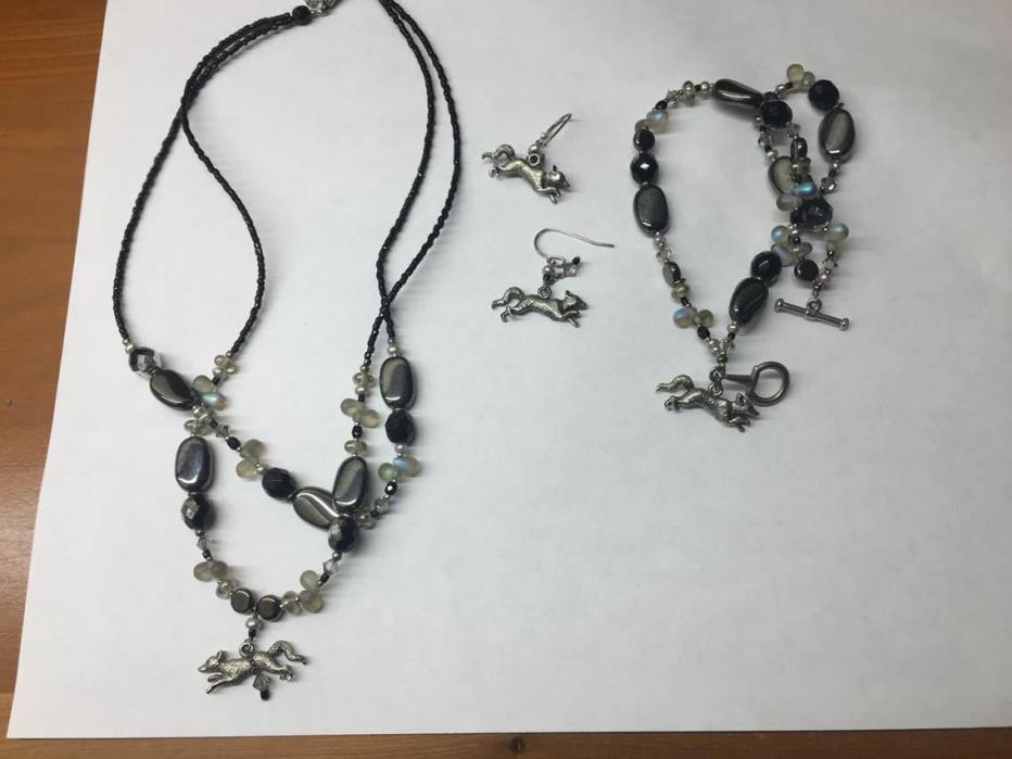Fox Necklace , Bracelet and Earrings  - Black Silver Beaded