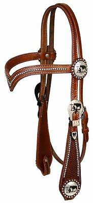 Leather Dbl Stitched Silver Beaded V Brow Headstall w/ Praying Cowboy Conchos