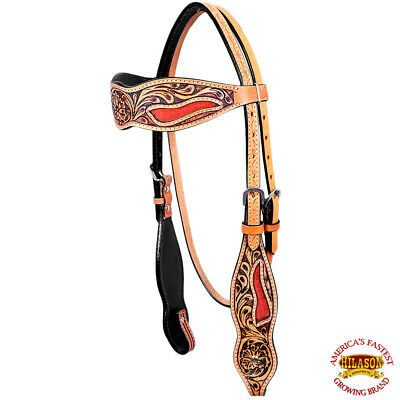 U-D-HS HILASON WESTERN AMERICAN LEATHER HORSE HEADSTALL FLORAL TAN RED