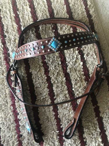 Horse Tack Bridle Western Leather Headstall Brown Turquoise Rodeo Bling