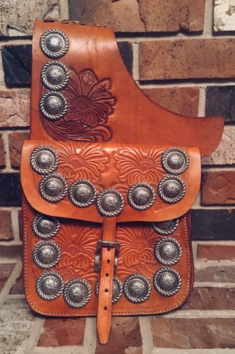 BEAUTIFUL, RARE MEXICAN LEATHER, TOOLED SILVER CONCHO SADDLE BAGS