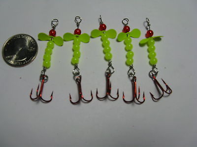 5 ICE FISHING JIGS ,R1bo  RED #8 MUSTAD TREBLE . SIZE 2 perch walleye ,crappie