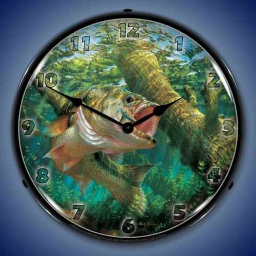 New Largemouth Bass Fishing The Wood LIGHTED clock USA Made Free Ship ??????