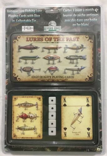 Rivers Edge 1572 Antique Fishing Lure 2pk Playing Cards w/ Dice Gift Tin Games
