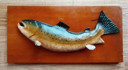 Circa 1940's Folk Art Carved Rustic Cabin Fish Plaque