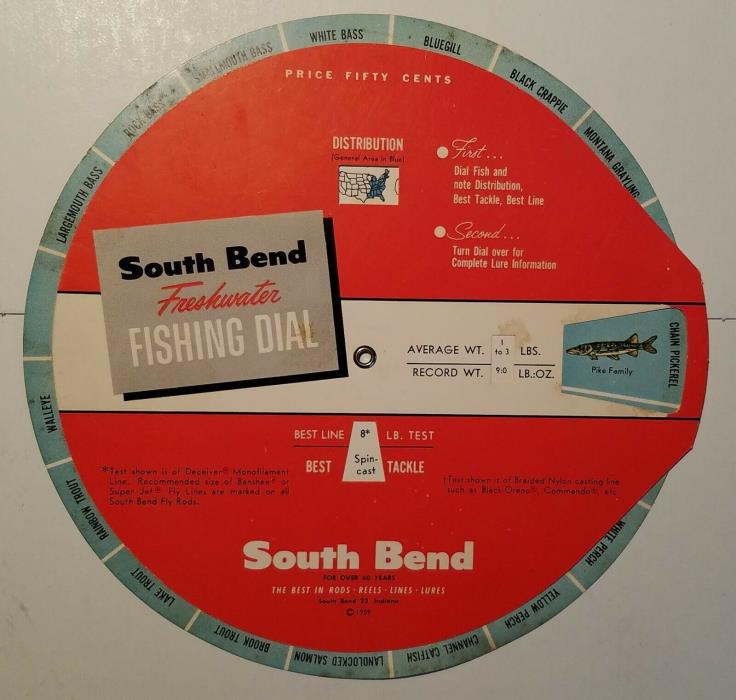 1959 South Bend FISHING DIAL for 18 species of fish, Bait, tackle, lures, weight