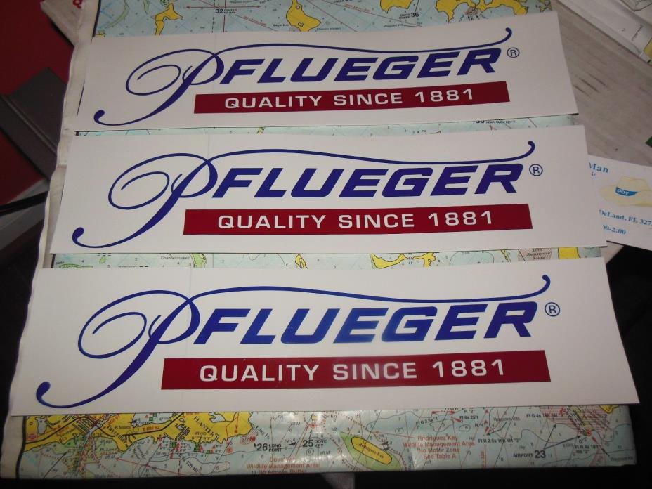 3 PFLUEGER BUMPER STICKERS FISHING ROD & REEL MAKER STICKERS FOR CAR OR BOAT