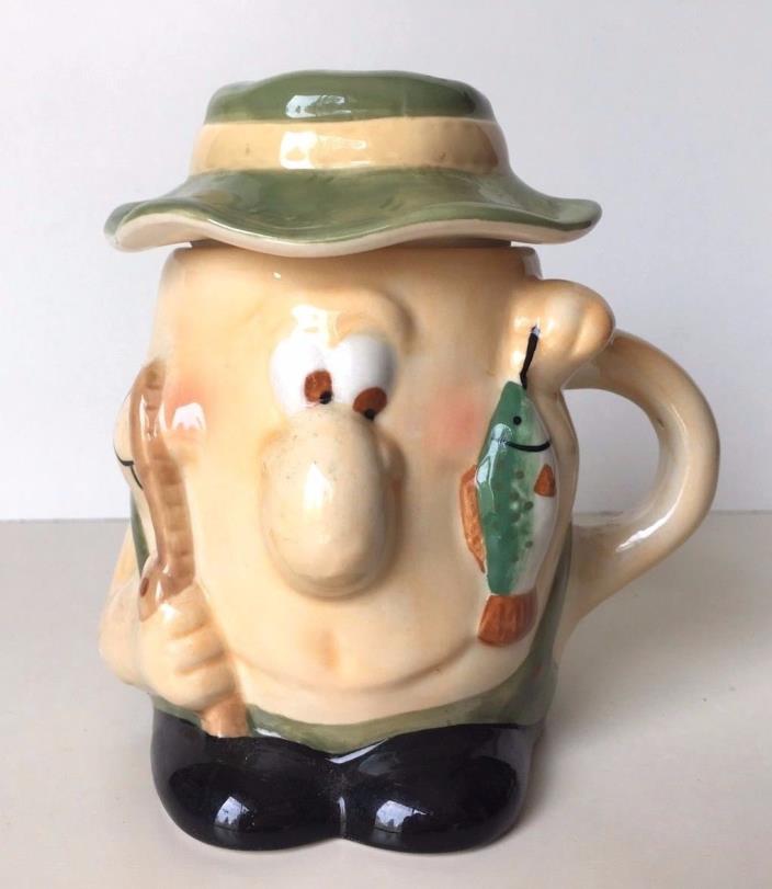 Fisherman Coffee Cup Mug Fishing Fish Mug Ceramic with Fishing Hat Lid by Ganz