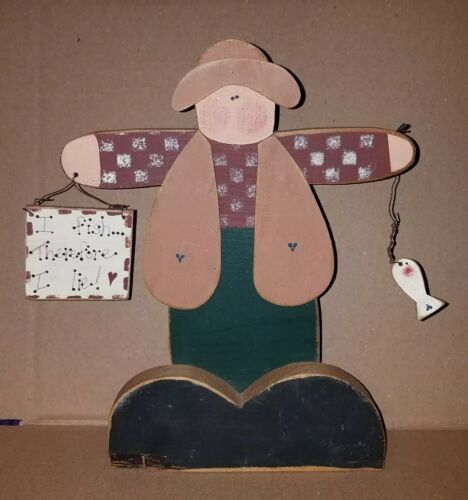 VINTAGE RUSTIC CHIC WOODEN FISHERMAN HAND MADE PAINTED STANDING DECORATION 10.5