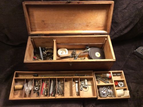 VINTAGE WOODEN TACKLE BOX 1950'S - 60'S w/Trays. Tools Inside. Leather Handle