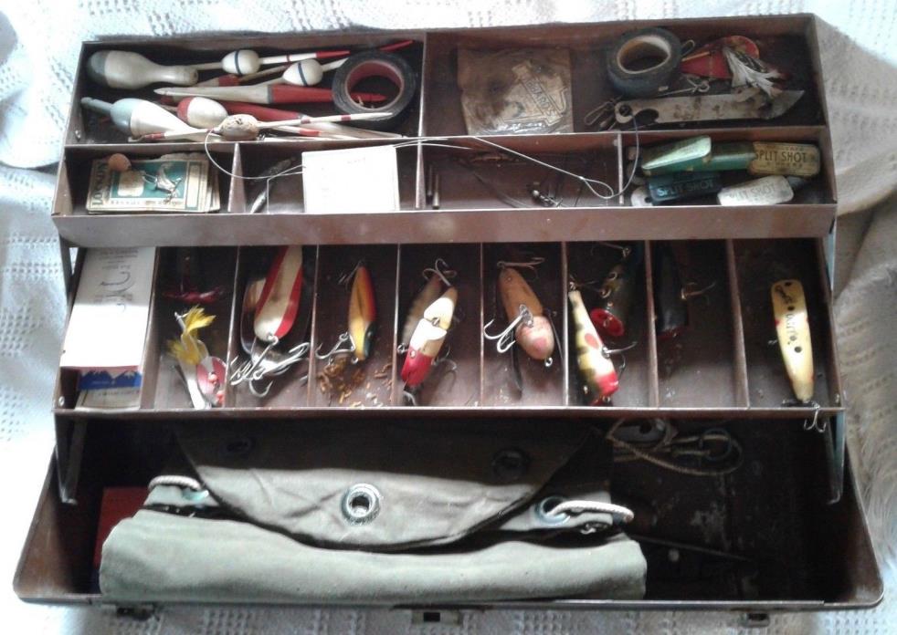 Outing Handy Boxes Elkhart, IN Tackle Box  Wooden Heddon Lures Live Catch Bag ++