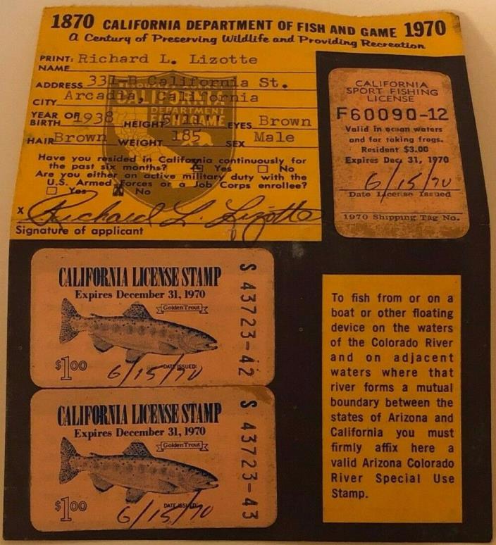 Vintage California Department Of Fish And Game Card Sport Fishing License Stamp