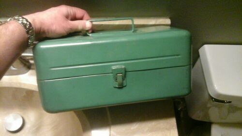 Vintage Metal Army Green Victor Fishing Tackle Box