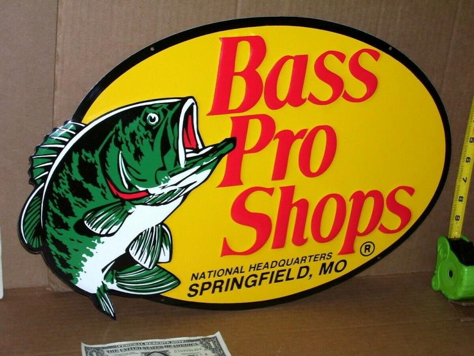 BASS PRO SHOPS - Oval Shaped & Embossed - BIG METAL SIGN - Shows Their FISH LOGO