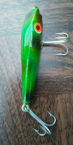 Vintage signed handmade wood green fishing lure.
