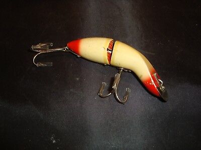 Vintage Heddon wood Baby GAMEFISHER Jointed Fishing Lure, red/white
