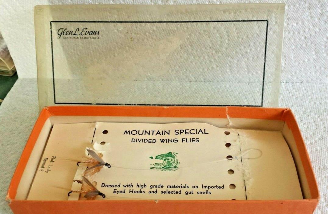Vingage 2 Antique Hand Tied Fishing Flies Leaders In Box Mountain Special ~Evans