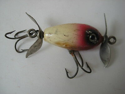 vtg FISHING LURE Shakespeare red white wood jig tackle bait frog antique wooden