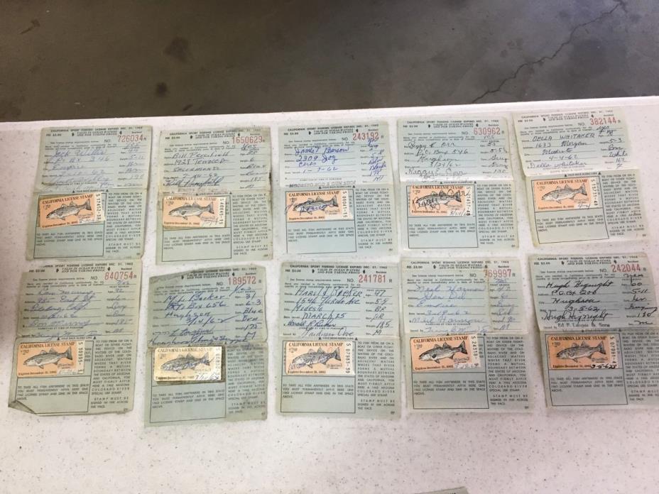 (10) 1962 California Fishing Licenses w/ stamp lot #1