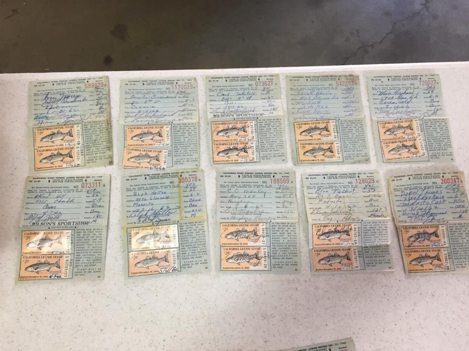 (10) 1962 California Fishing Licenses w/ stamp lot #3