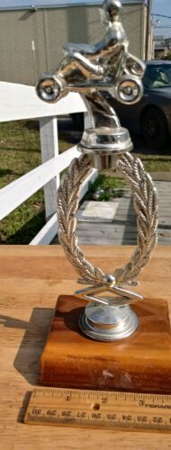 vintage gocart racing metal trophy with wood base. 10